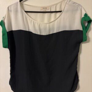 Meraki brand blouse, size small, navy and white blocked with green trim